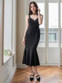 DAZY Vestido de tirantes finos de unicolor minimalista con cola de pez, apto para otoño y verano