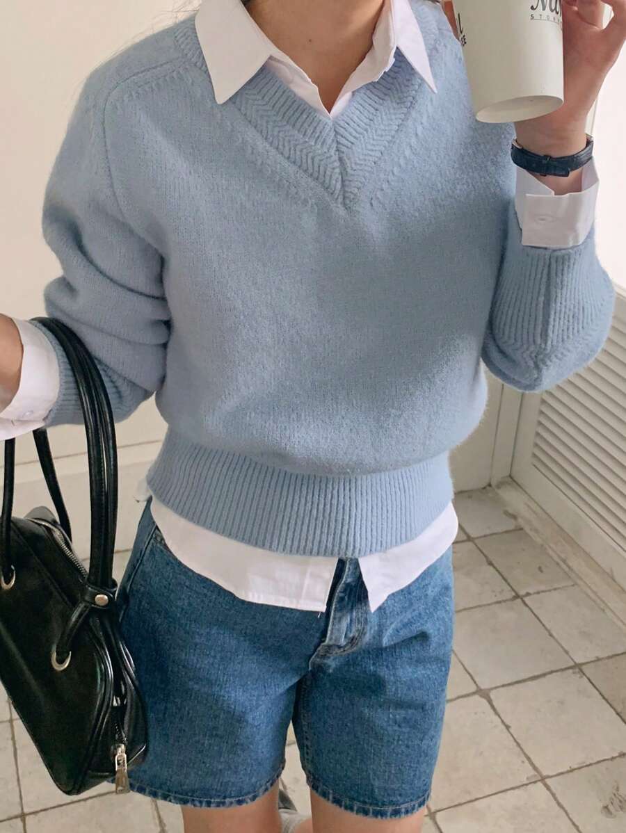 DAZY 女式 V 领宽松长袖纯色毛衣、休闲装、秋装 - 藍色 - 查看 1