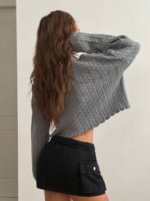 SHEIN EZwear Women's Fall/Winter Casual/Going Out/Basic Cable-Knit Keep Warm Short Grey  Baggy Sweater - Grey - View 2