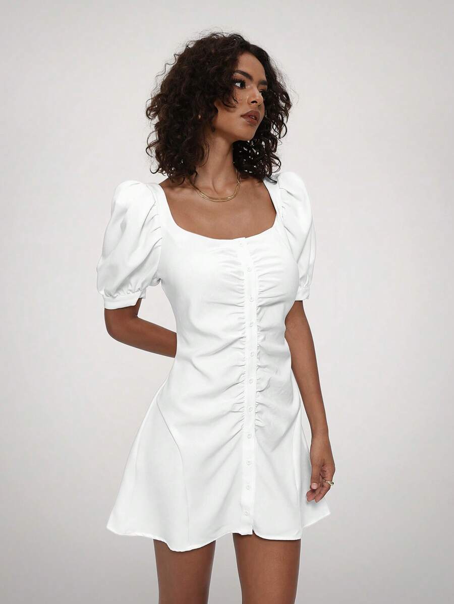 Forever 21 Váy midi lãng mạn cổ vuông tay bồng mới thu đông dáng ôm vừa vặn - trắng - Xem 1