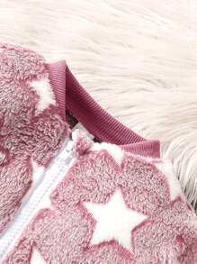 Baby Girl Star Pattern Fleece Warm Long Sleeve Bomber Jacket - Pink - View 5