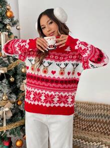 EMERY ROSE Christmas Autumn/Winter Round Neck Dropped Shoulder Reindeer Pattern Sweater - Multicolor - View 3