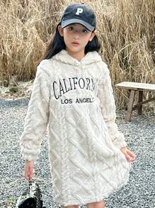 SHEIN Tween Girl City Text Embroidery Reversible Fleece Hooded Dress, Loose And Warm For Fall/Winter - Beige - View 1