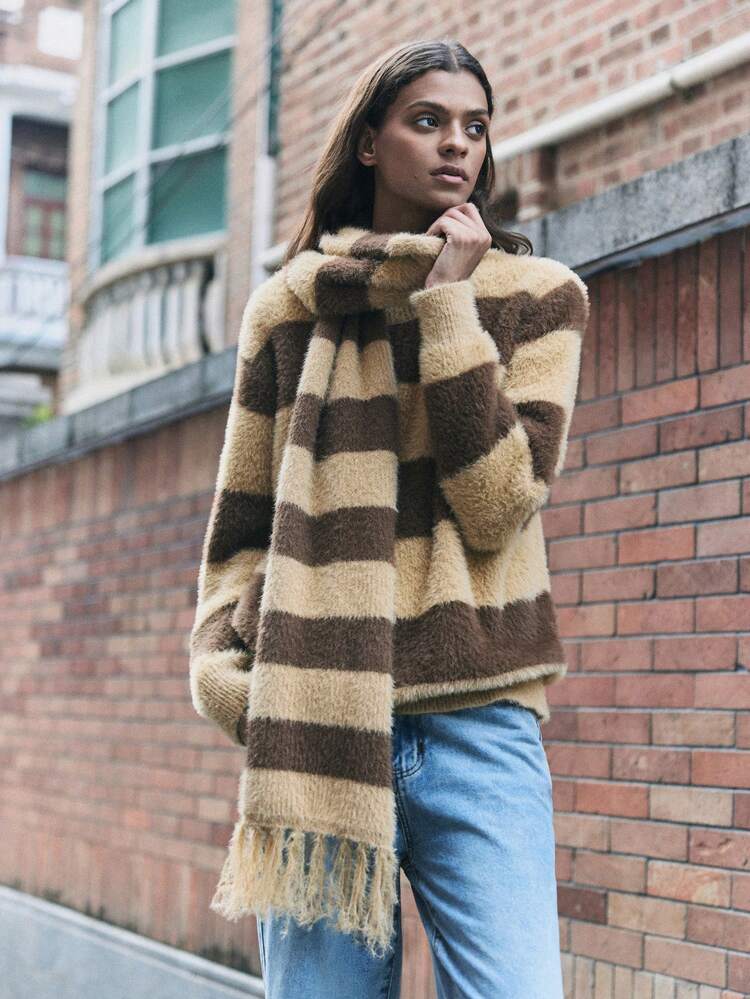 SHEIN Maija 女性用 秋冬 ブラウン カーキ ストライプ柄 タートルネック 長袖 セーター