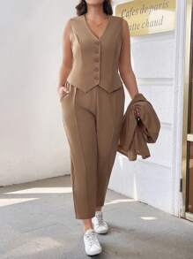 SHEIN Essnce Bộ đồ vest kaki rộng rãi thời trang thu đông cỡ lớn cho nữ, áo khoác và quần ba mảnh, bộ áo khoác blazer, quần áo nữ mùa thu, trang phục công sở, quần áo làm việc, bộ quần, tiền cũ, trang phục công sở giản dị - Màu Khaki - Xem 4