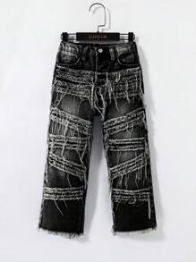 SHEIN 年轻男孩休闲时尚男孩服装舒适宽松黑色牛仔布流苏牛仔男孩裤子适合日常穿着和返校服装 - 黑色 - 查看 3