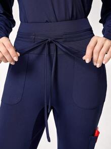 TaskEZ 1 Set Front Button Closure Long Sleeve Shirt And Drawstring Waist Pants Nursing Scrub Uniform Set - Navy Blue - View 7