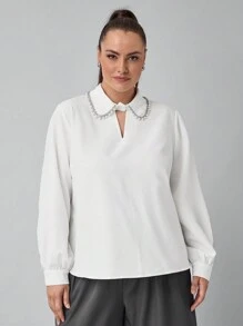 SHEIN Clasi Plus Size Rhinestone Decor Casual Shirt, Autumn - White - View 6