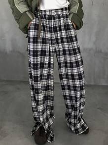 FRIFUL Women's Plaid Elastic Waist Casual Pants, Daily Wear - Black and White - View 3