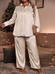SHEIN Clasi 2pcs Plus Size Casual Front Button Dropped Shoulder Shirt And Pants Set, Autumn