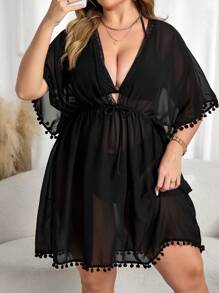 Swim Vcay 加大码纯色前系带蝙蝠袖设计简约透明休闲泳衣夏季 - 黑色 - 查看 6