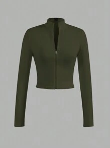 Slaydiva Women's Simple Casual Basic Stretchy Stand Collar Zip Up Long Sleeve Tight Jacket Top, Autumn/Winter - Army Green - View 1