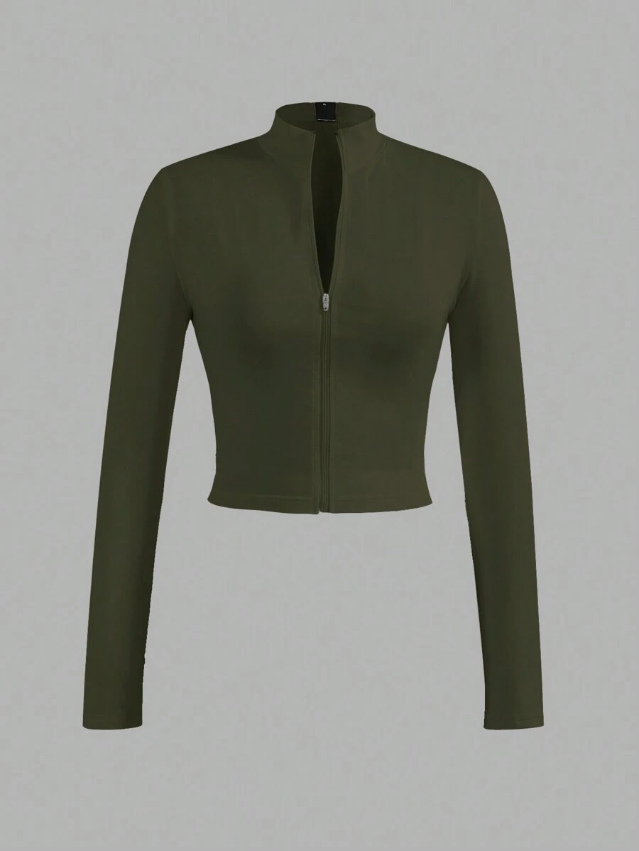 Slaydiva Women's Simple Casual Basic Stretchy Stand Collar Zip Up Long Sleeve Tight Jacket Top, Autumn/Winter - Army Green - View 1