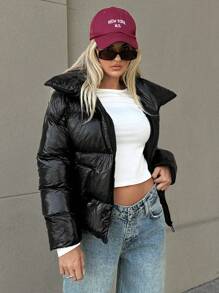 SHEIN Cottnline SHINY FABRIC BLACK PUFFER WOMEN WINTER COAT - Black - View 3