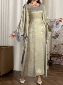 Al Najma 女士优雅羽毛喇叭袖阿拉伯连衣裙朴素长袖长袍，春秋季，派对 A 字形礼服，适合晚会/婚礼嘉宾/周年纪念 - 灰色 - 查看 3