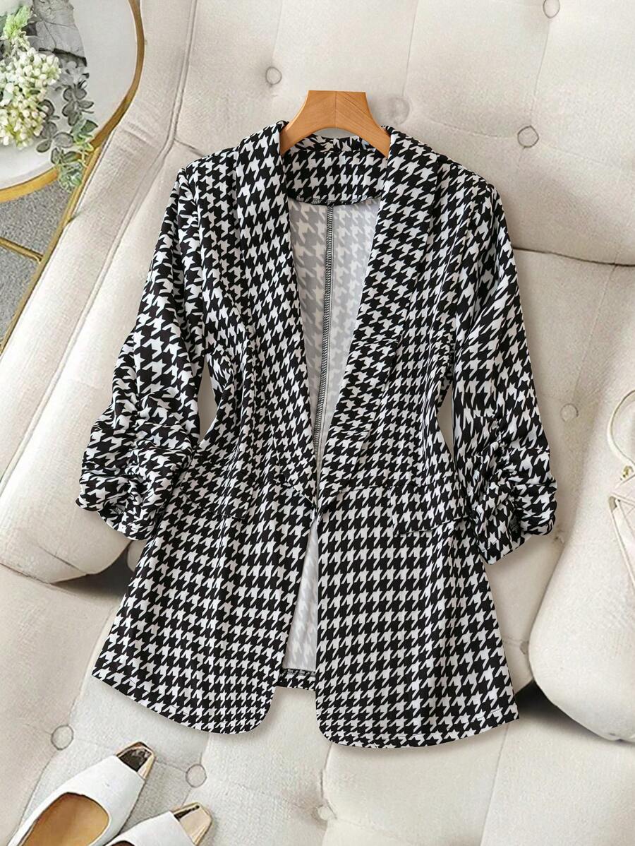 SHEIN LUNE Áo khoác blazer họa tiết Houndstooth đen trắng cỡ lớn dành cho nữ phù hợp để mặc hàng ngày, đi làm và nhiều dịp khác nhau - Đen và trắng - Xem 1