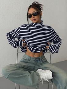SHEIN EZwear Navy Blue & White Striped Knitted Turtleneck Top For Women