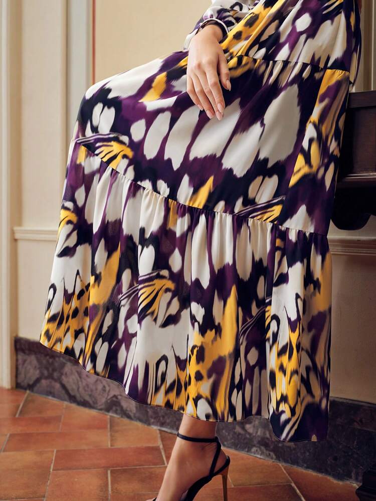 ZEYLAH オールオーバー プリント モックネック ランタン スリーブ ティアードヘム ロングドレス ベルト無し