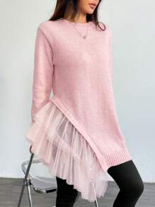 Chiquease Autumn Women Casual Crew Neck Ruffled Trim Net Yarn Mid-Length Sweater, Knit Pullover Fall Winter - Pink - View 6