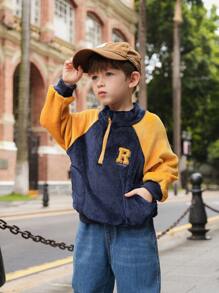 SHEIN 1pc Young Boy Korean Style Casual Sporty Chic Plush Windbreaker Jacket, Stand Collar Half-Zip, Ribbed Cuffs, Contrast Color Applique Letter Embroidery Design, Suitable For Schooling, Outdoor Sports, Streetwear, Autumn/Winter Season