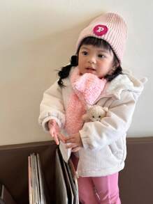 SHEIN 2-In-1 Infant Girls' Rabbit Ear Hat & Scarf Set, Cute Bear Design Warm Plush Outerwear, Fall/Winter