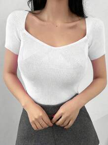 DAZY Rib Knit Sweetheart Neck Knit Top - White - View 3