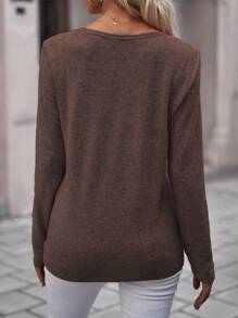 SHEIN LUNE Women's Casual Solid Color Half-Button Cardigan Long Sleeve T-Shirt, Spring/Autumn Fall Cloth For Women - Coffee Brown - View 2