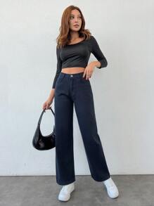 EURMUSE 100% Cotton Women's Mid-Rise Straight Leg Casual Jeans - Navy Blue - View 5