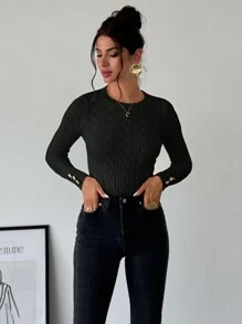 Firerie Áo len dệt kim cổ tròn màu trắng đơn giản thanh lịch phong cách thường ngày đa năng cho nữ, áo dài tay - màu đen - Xem 3