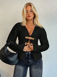 Aloruh Women's Autumn/Winter Knitted Blend Cardigan Coat - Black - View 5
