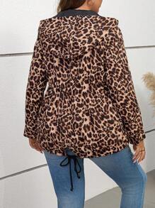 SHEIN LUNE Chaqueta con capucha con estampado de leopardo, de manga larga, con cordón a la cintura y bolsillos, para mujer de talla grande, para otoño e invierno