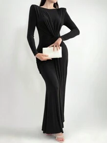 Modelyn 女士优雅纯色扭腰鱼尾连衣裙，秋季长款晚礼服 - 黑色 - 查看 2