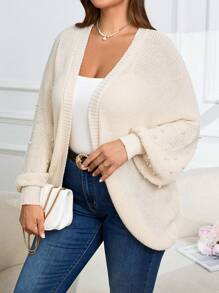 SHEIN Clasi Plus Size Casual Faux Pearl Decor Batwing Sleeve Open Front Solid Cardigan