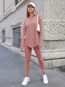 SHEIN Essnce 2pcs Women's Solid Color Long Sleeve Hoodie Sweatshirt And Pants Casual Outfit - Pink - View 3