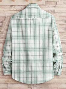 Manfinity Homme 男士休闲格子长袖宽松衬衫，秋季 - 綠色 - 查看 2