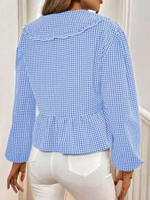 SHEIN Unity Women's Cute Country Style Peter Pan Collar Ruffle Front Tie Lantern Sleeve Peplum Top Fall Cloth For Women - Blue and White - View 2