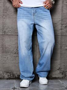 Manfinity Homme 男式宽松直筒休闲口袋牛仔裤 - 淺色水洗藍 - 查看 6