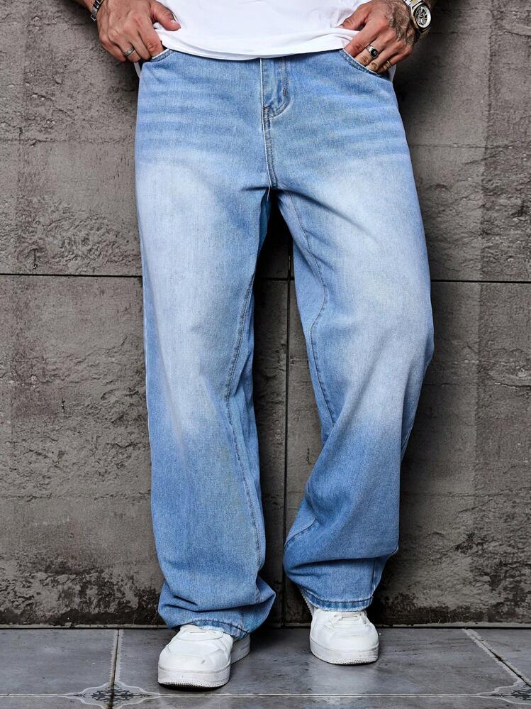 Manfinity Homme 男式宽松直筒休闲口袋牛仔裤 - 淺色水洗藍 - 查看 6