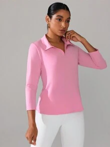 SHEIN Dewbera Polo da donna in colore unito con maniche a 3/4, casual, sportiva e da fitness - nero - Visualizzare 3