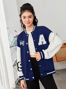 SHEIN Chaqueta informal de manga larga con estampado de parches de letras para niña adolescente