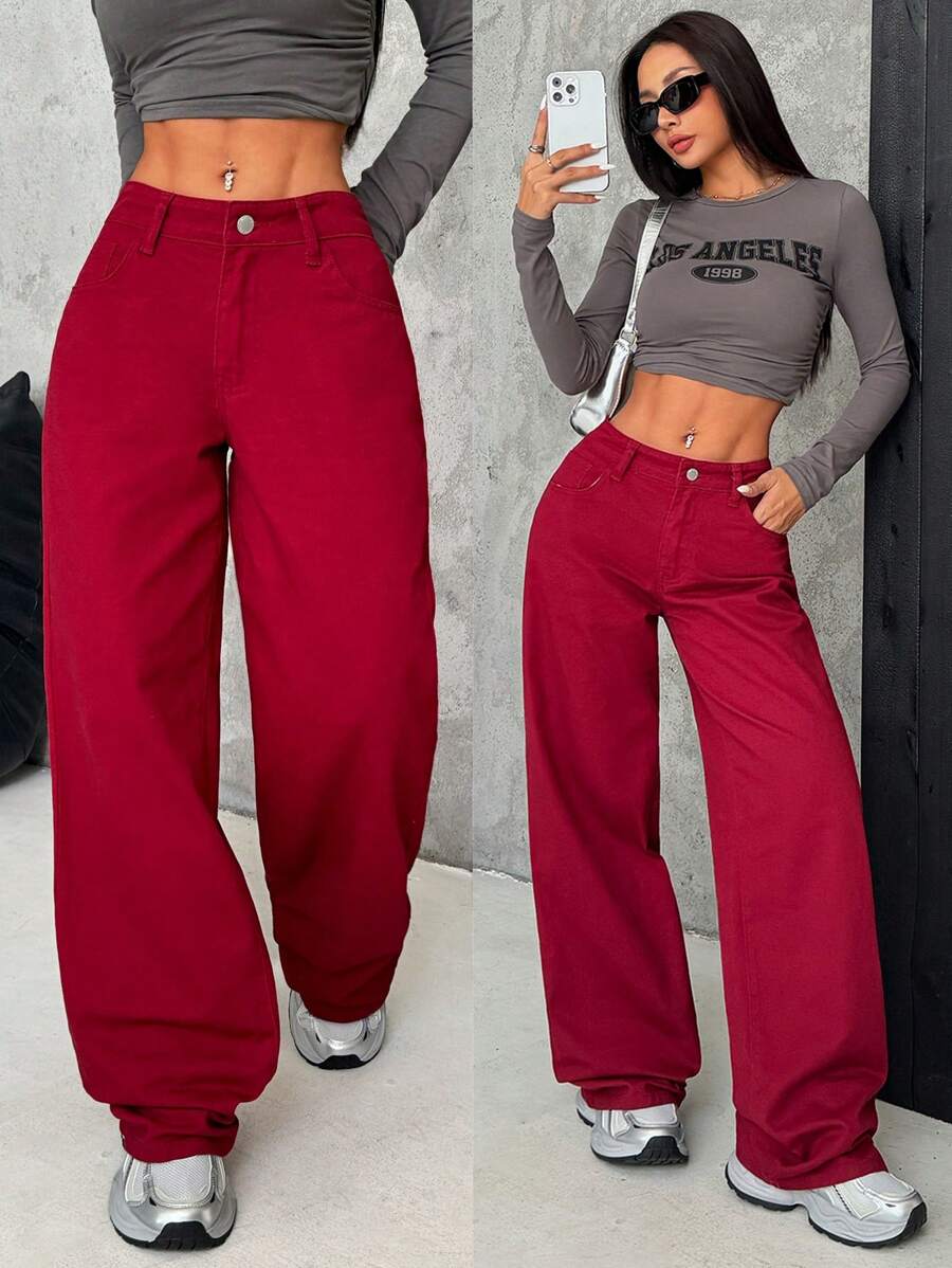 SHEIN EZwear 女式红色宽腿低腰宽松牛仔裤复古牛仔万圣节服装 - 紅色 - 查看 1