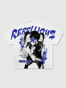 ROMWE MEN Street Life Áo thun nam dáng rộng, vai trễ, màu trắng, in hình phong cách đường phố và khẩu hiệu, mùa hè - trắng - Xem 2