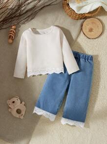 SHEIN 2 件套新生女童休闲复古花卉蕾丝边圆领长袖上衣和牛仔裤套装，适合秋冬季外出度假 - 彩色 - 查看 1