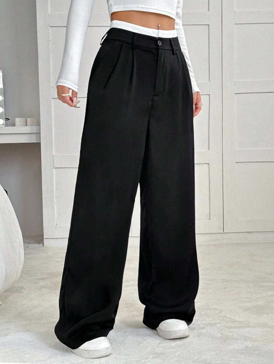 Muchica Quần ống rộng xếp ly eo tương phản cho nữ - màu đen - Xem 1