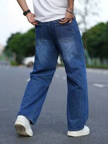 Manfinity Homme Men's Simple Pocket Design Casual Washed Baggy Jeans - Blue - View 2