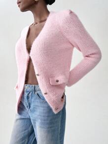 SHEIN Unity Cardigan de manga larga de cuello en V sencillo - Rosa Pálido - Ver 8