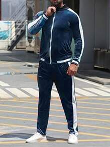 Manfinity Dauomo Chaqueta con cremallera y pantalones a juego de color contrastante, conjunto de chándal casual, primavera otoño para hombre