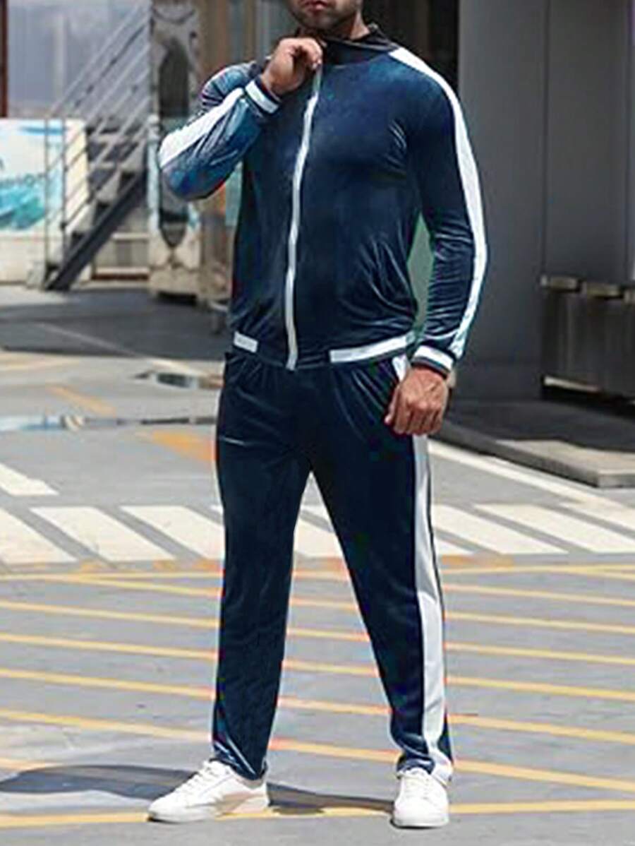 Manfinity Dauomo Chaqueta con cremallera y pantalones a juego de color contrastante, conjunto de chándal casual, primavera otoño para hombre