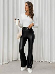 SHEIN LUNE Women's PU Leather Flared Pants For Halloween, Autumn - Black - View 6