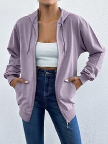 Women's Plain Long Sleeve Zip-Front Drawstring Hooded Sweatshirt, Autumn - Lilac Purple - View 3